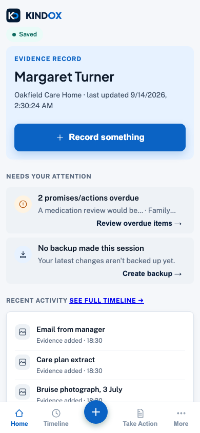 KinDox on a phone, showing the same record on mobile.