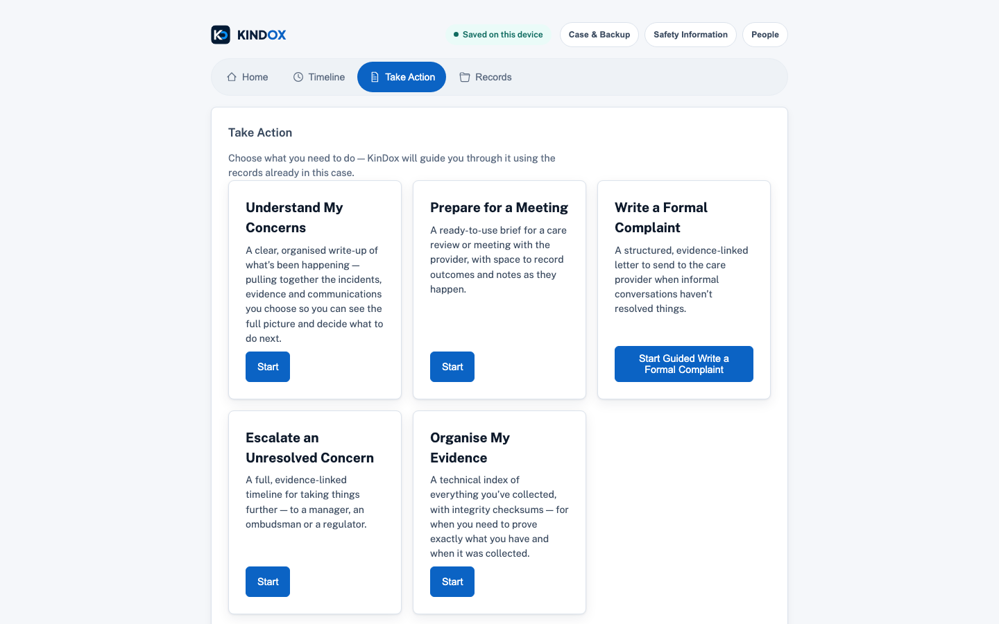 The KinDox Take Action screen with outcome-led options.
